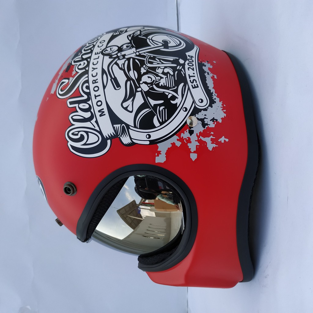 Helm Cakil HBC New Old School Red + Inner Visor ( Fullface / Retro / Klasik / Vespa )