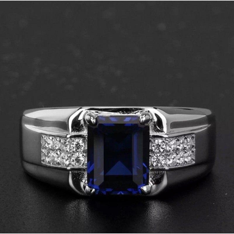 Cincin Pria Perak Blue Saphire Batu Safir Royal Biru Minimalis Elegan Kantoran