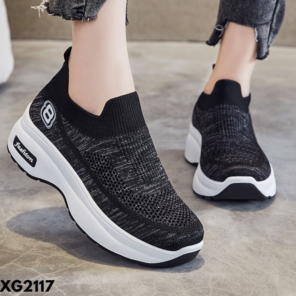 SEPATU SNEAKERS WANITA KEKINIAN SOLE TINGGI LARIS MURAH NYAMAN FLYKNIT IMPORT G2117