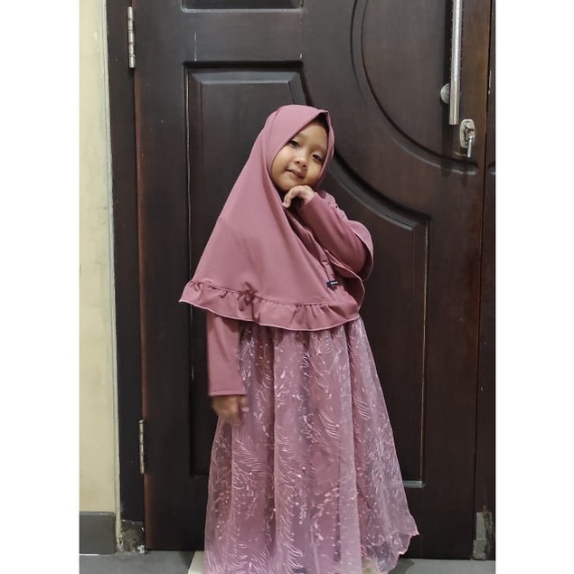 Gamis Anak (Free Mini Gold) Tulle Set Hijab Dusty Pink Anak by Shanie Kids