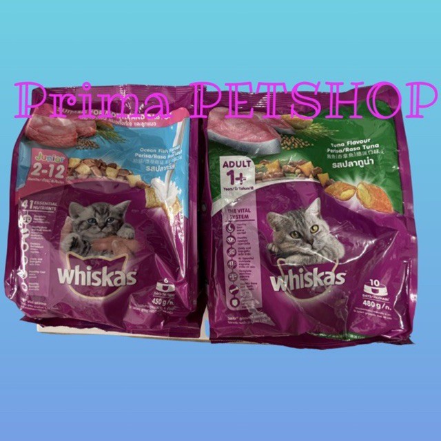 Whiskas Dry Junior Ocean Fish Flavour with Milk 2-12 BLN 450gr / Whiskas 1+ Tuna 480gr