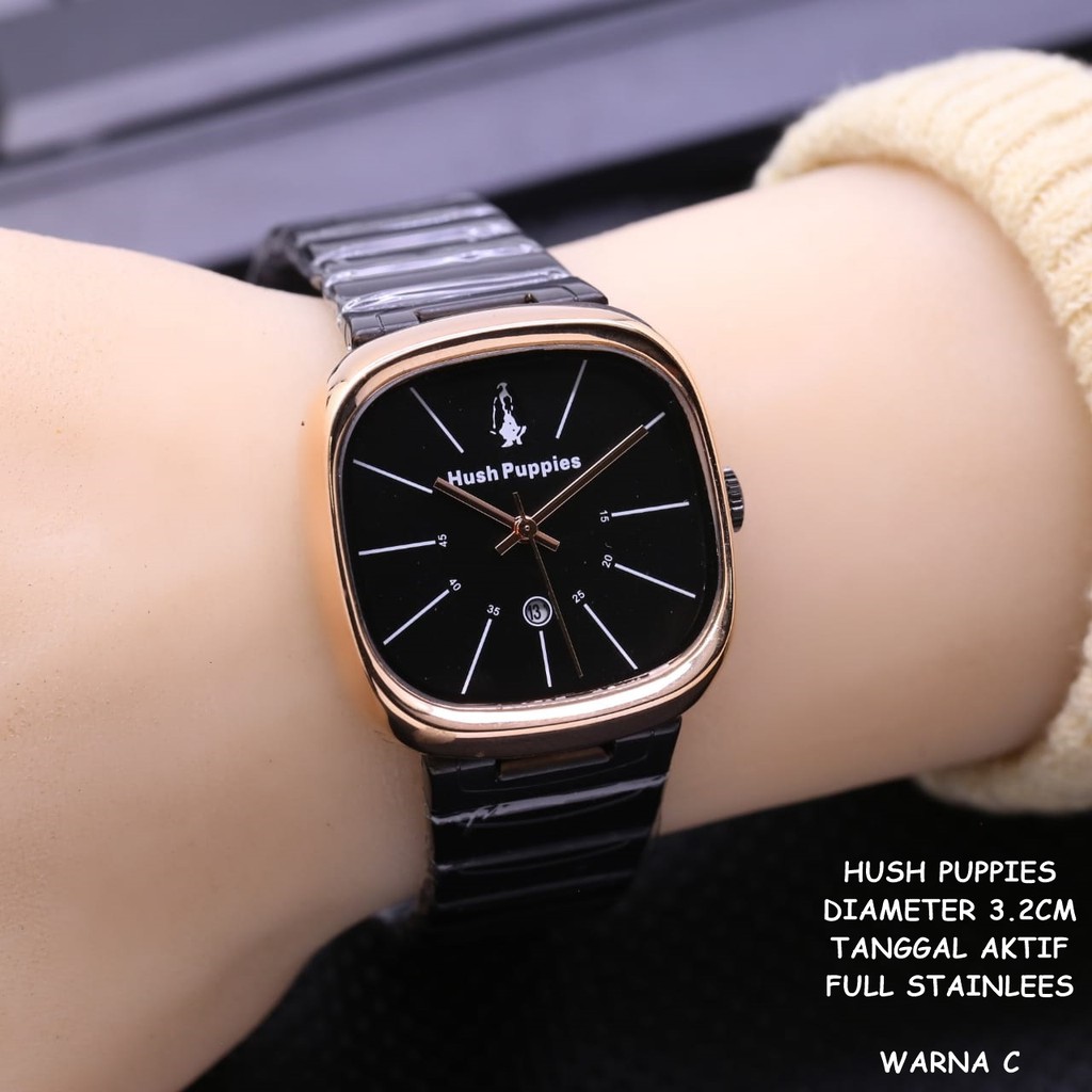 (GOOD QUALITY) Jam Tangan Wanita/Cewek Hush Puppies Segi Full Stainless Tanggal Aktif