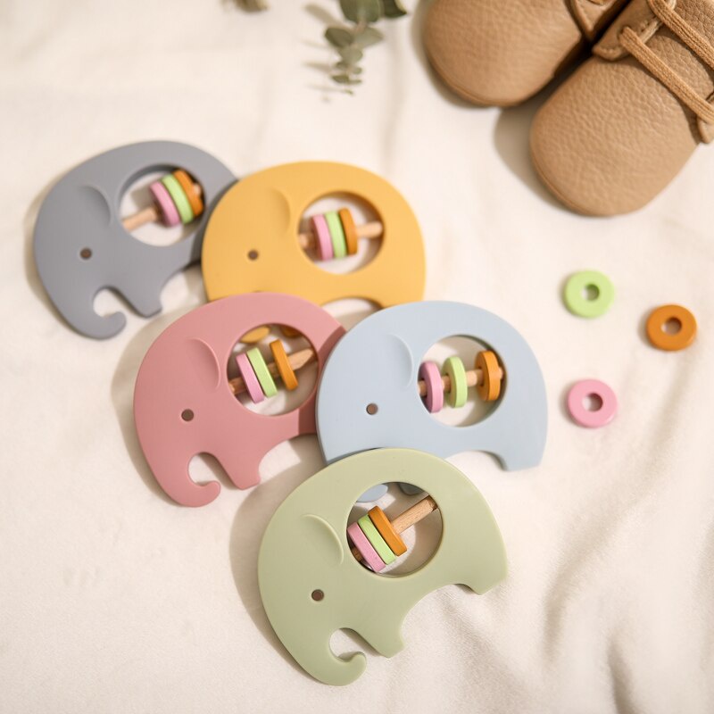 Elephant Silicone Rattle Teether Mainan Gigitan Anak Bayi Silikon dan Kayu