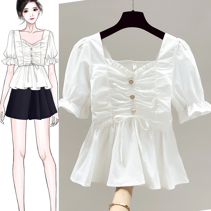 [✅BISA COD]  #Sisjuly# Wanita Lengan Pendek Chiffon Kemeja Putih Wanita Tipis Gaya Baru Menutupi Perut Pinggang Kecil Kemej