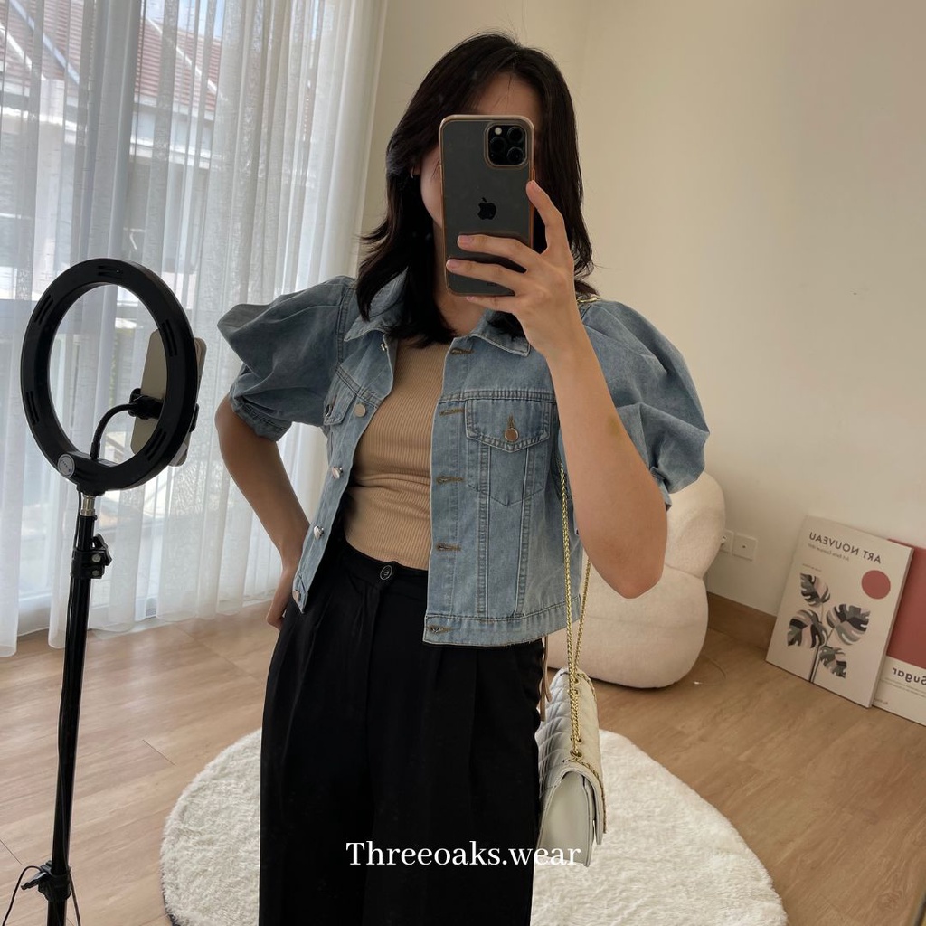 HYACINTH JAKET JEANS CROP PREMIUM IMPOR DENGAN TANGAN BALON SUPER KOREAN STYLE