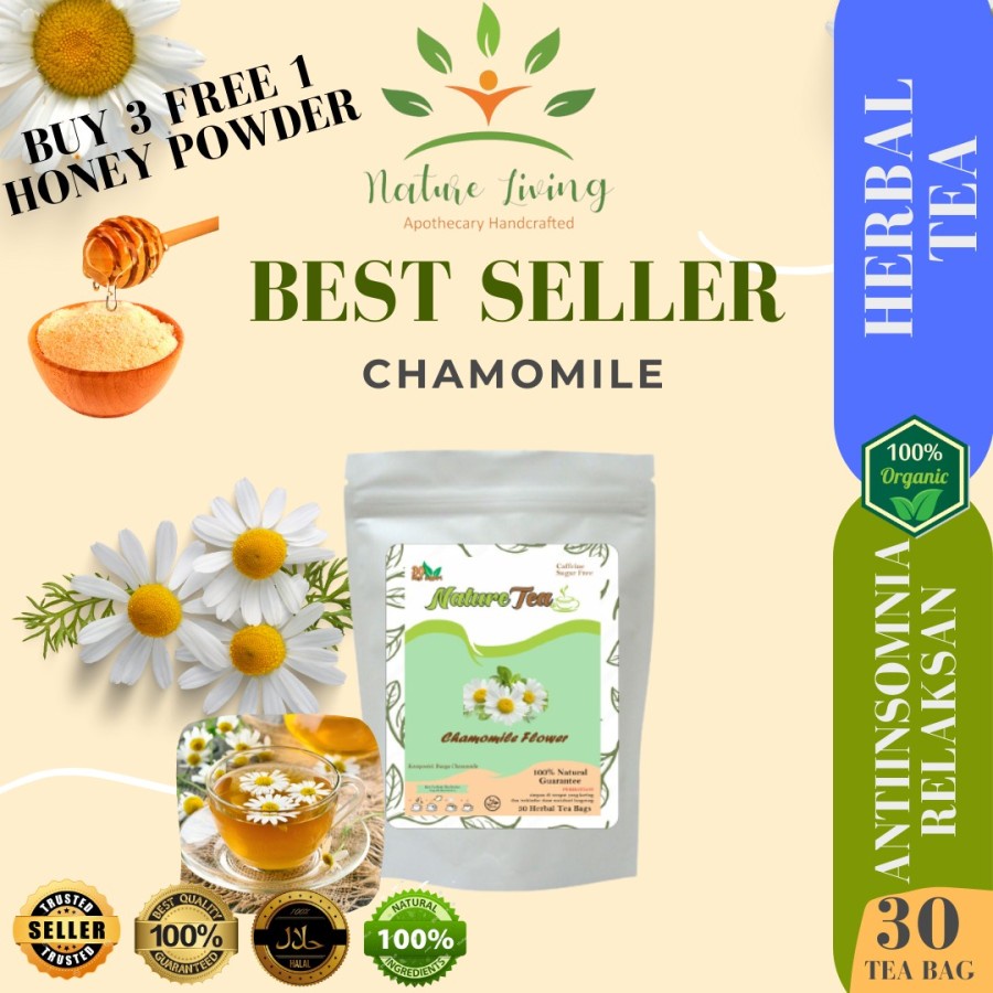 

Premium Chamomile Tea (Teh Herbal ANTI INSOMNIA) 30 tea bag by Nature Living - Teh Bunga Chamomile Roman Kering Mempermudah Tidur / Bedtime Tea - Teh Celup Relaksasi Kaya Antioksidan