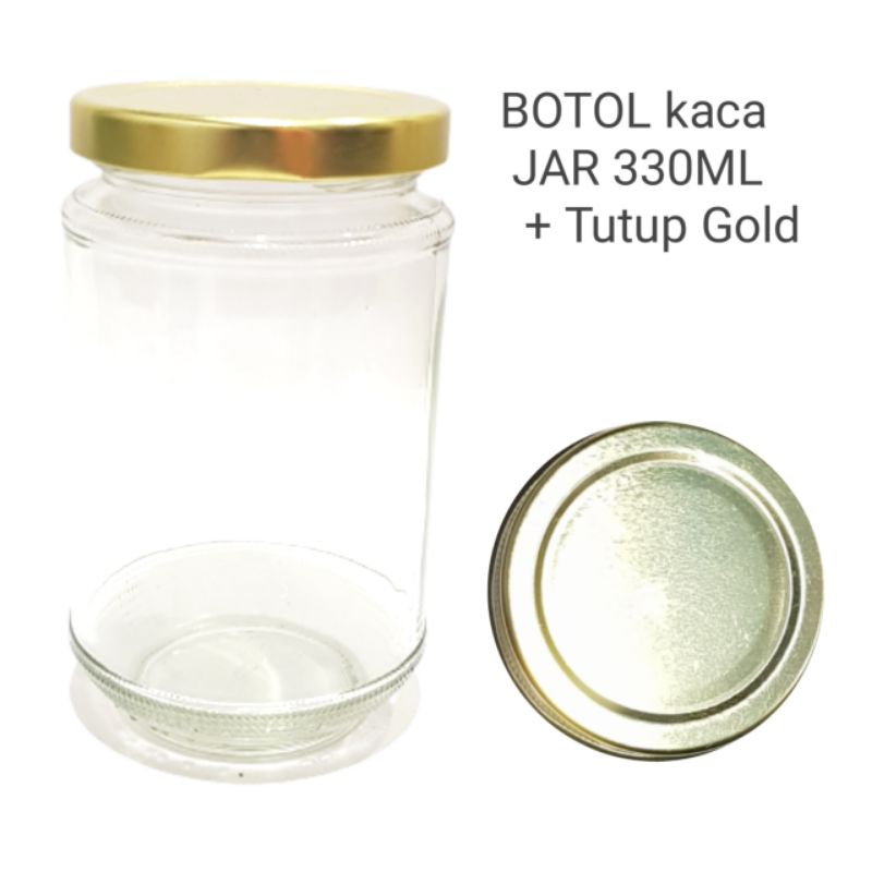 330ML BOTOL KACA  SILINDER JAR TOPLES KACA 330ML + TUTUP GOLD , TUTUP PUTIH , TUTUP HITAM jkt