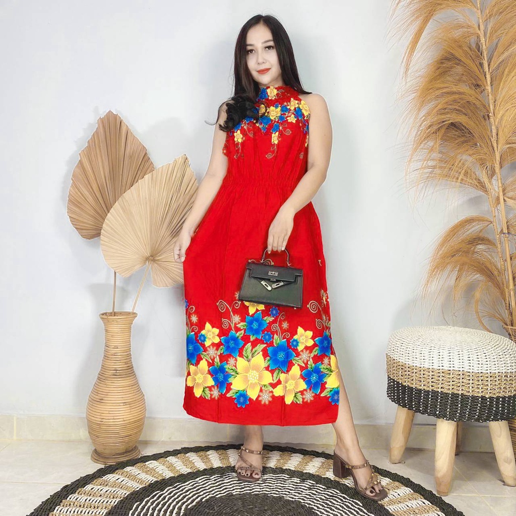 Daster kekinian jumbo dress murah busui panjang -- Bali/Dress Bali Kerut Leher -- Nyaman Adem Lembut