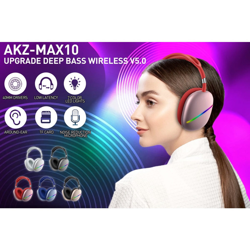 Headset Bluetooth AKZ MAX 10 With RGB Light Support AUX, FM, TF Ergonomic Design