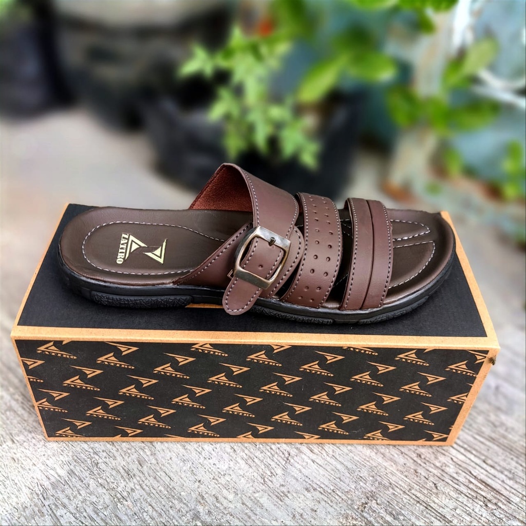 Sandal Slop Kulit Pria Slide Brown Coklat Original Handmade Kasual Santai Outdoor Zatiro Slip On Kondangan Trendy Kekinian Murah Terlaris (COD) 38-43