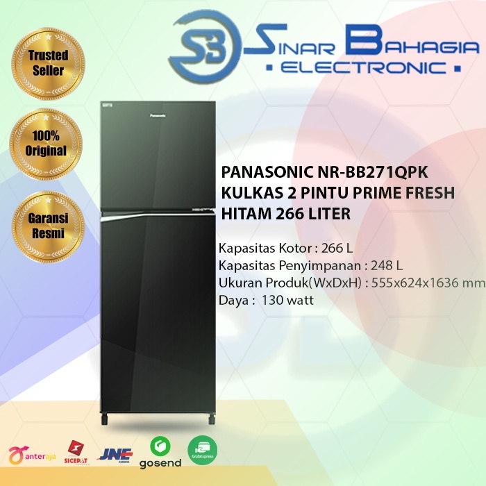 PANASONIC NR-BB271QPK KULKAS 2 PINTU PRIME FRESH HITAM 266 LITER(NEW) ( KHUSUS BANDUNG)