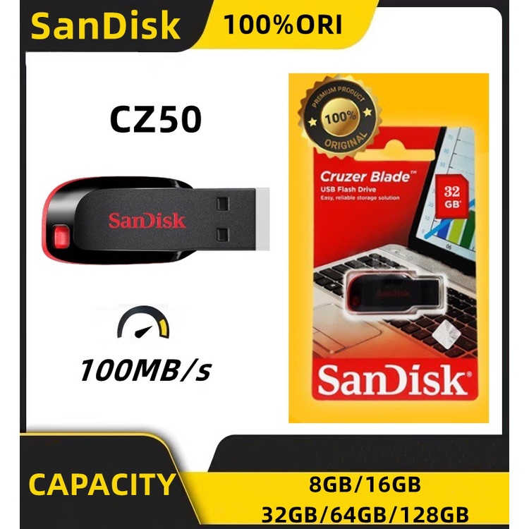 Sandisk Cruzer Blade CZ50 USB 2.0 - FLASH DISK 8GB/16GB/ 32GB/64GB/128GB High Reading Speed Flash Drive - RED