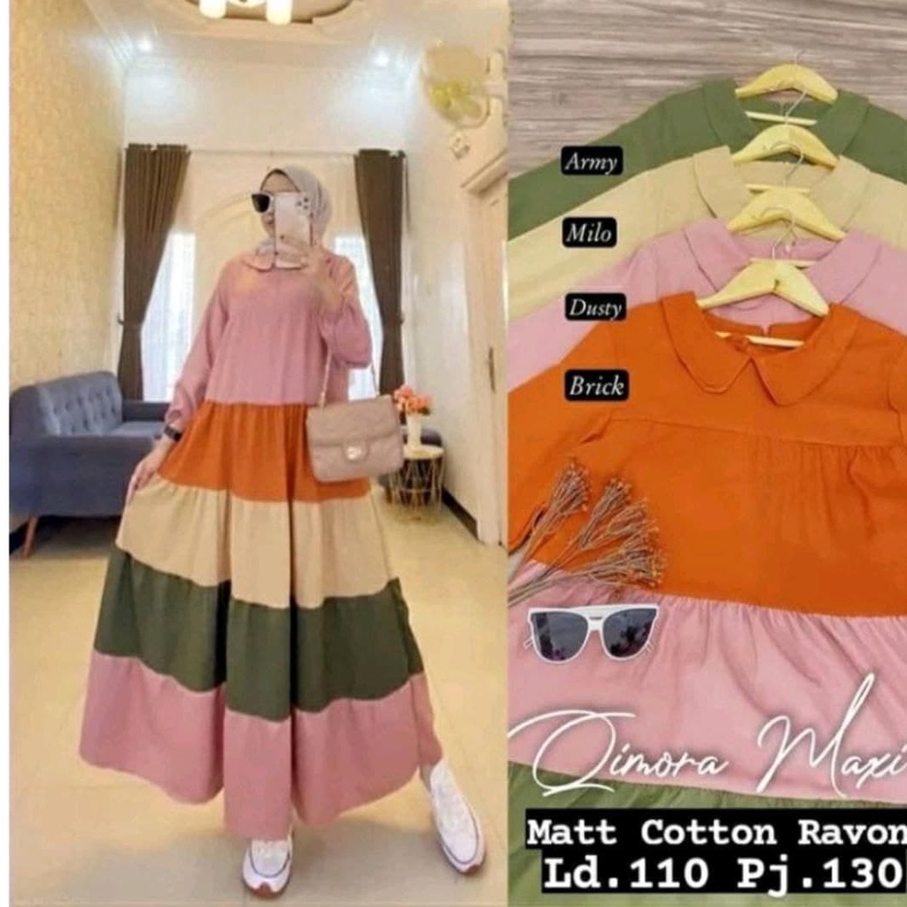 Gamis Qimora Midi - Gamis Terbaru Rayon Premium Dress Wanita Pelangi Lengan Karet Maxi Dress Kekinian LD 110 cm