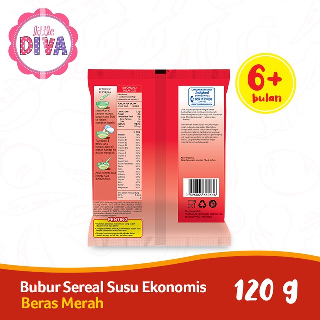 SUN BUBUK SEREAL SUSU 120gr Rasa BERAS MERAH Kacang Hijau Susu Pisang - Sachet Sun Bubuk Sereal Beras Merah 120gr