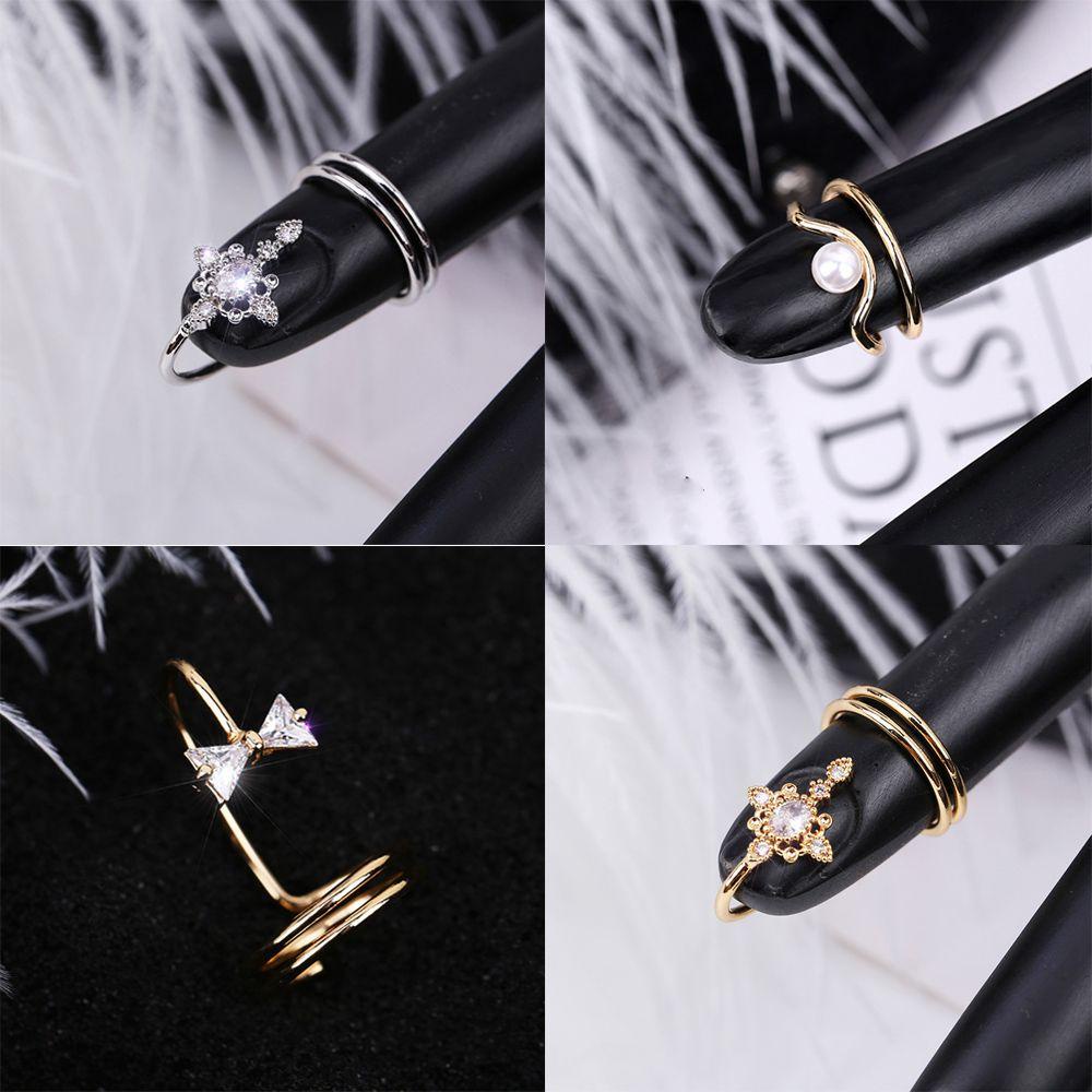 R-flower Nail Ring Charm Aksesoris Fashion Warna Perak Berlian Imitasi Pelindung Kuku