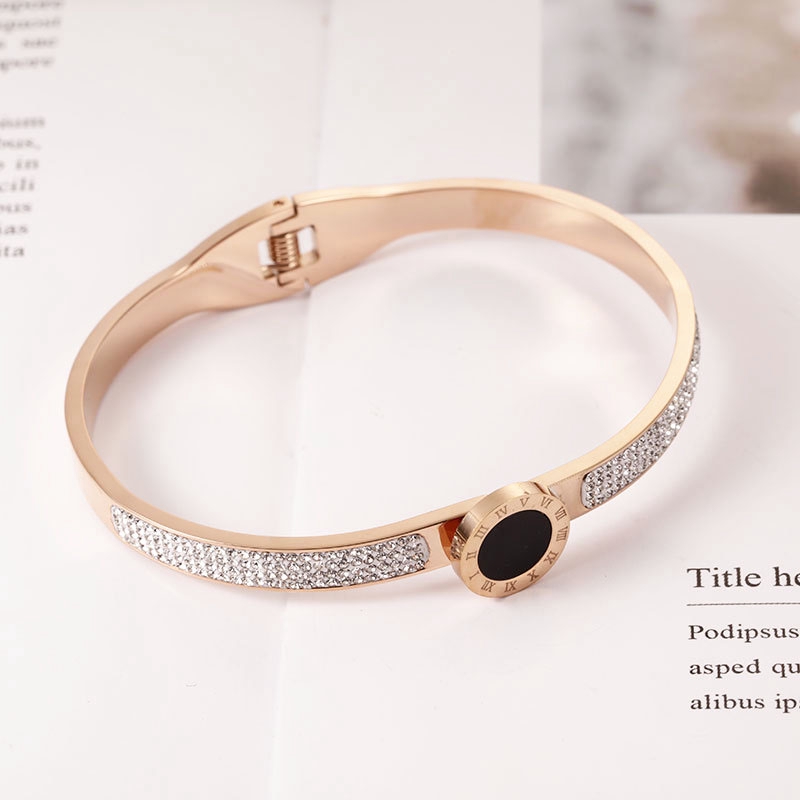 Titanium Gelang Tangan Wanita Premium Bracelet Anti Karat Berlian Emas 18K Bulat Angka Romawi Ala Bangle-6