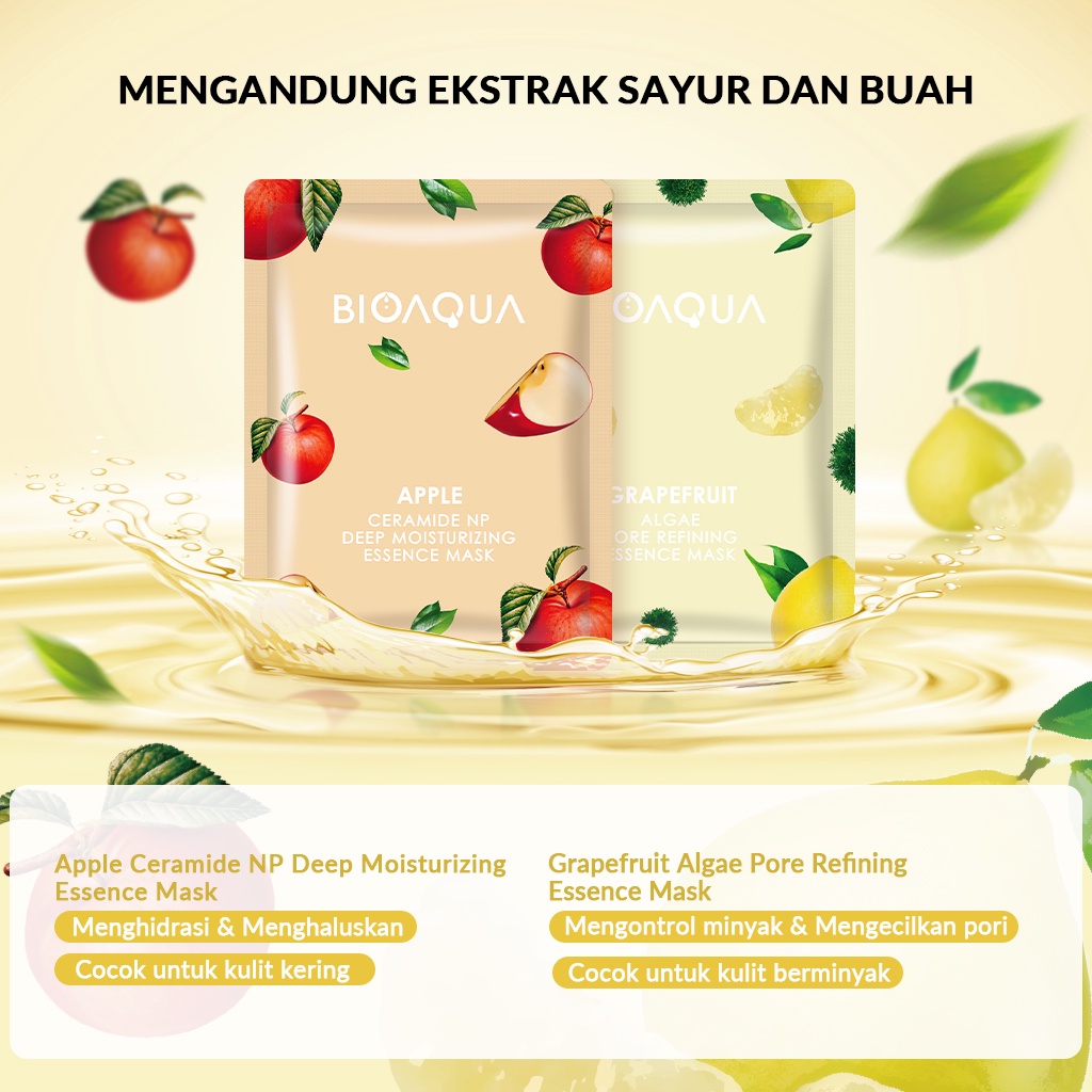 ★ BB ★ BIOAQUA Masker Sheet Mask Vegetables and Fruits Series | Natural Plant Essence Face Mask Masker Naturgo Jerawat/Hydrating/Brightening Masker Wajah BPOM | BIO AQUA