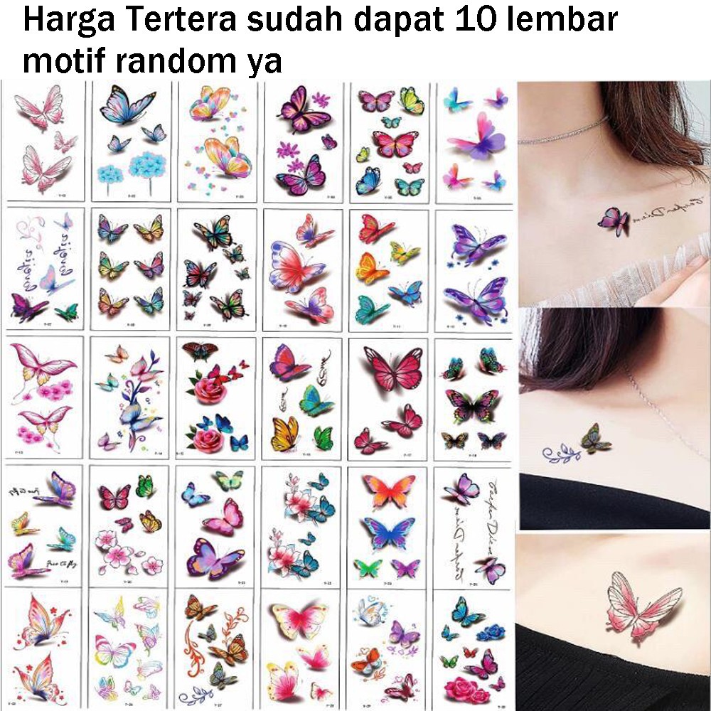 10 Lembar Tato Kupu Kupu 3D Sticker Tattoo Temporary Kupu Kupu