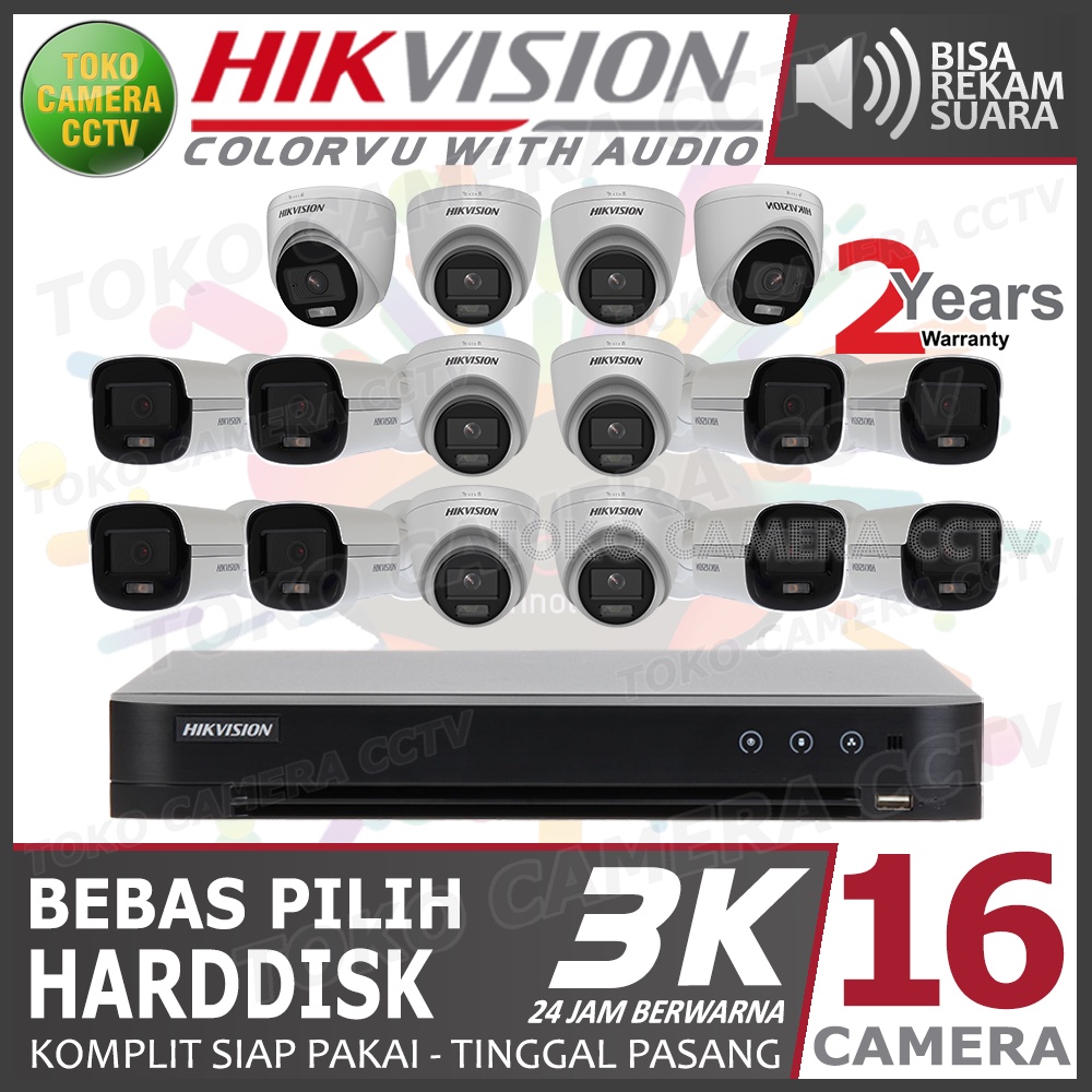 PAKET CCTV HIKVISION 5MP 3K COLORVU AUDIO 16 CHANNEL 16 KAMERA