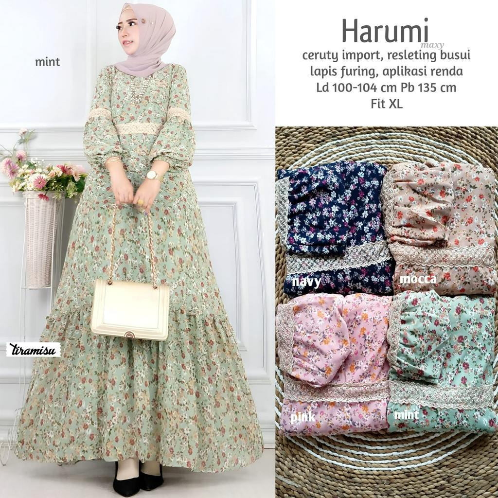 HARUMI DRESS / 20.7 / BAHAN CERUTY FULL FURING / LD 100-104 CM / PB 135 CM / DRESS WANITA / FIT M-XL / ALLSIZE JUMBO / TIRAMISU