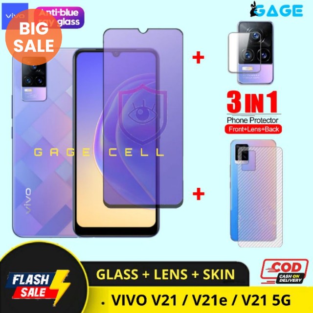 3IN1 PROMO TEMPERED GLASS ANTI RADIASI BLUE LIGHT VIVO V21 V21e 5G TG ANTIGORES FULL LAYAR SCREEN