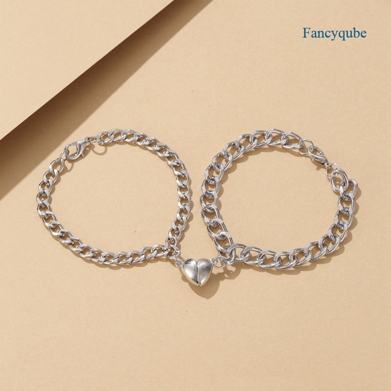 Fancyqube 2pcs Gelang Rantai Magnet Bahan Stainless Steel Warna Silver Gaya Punk Untuk Pria Dan Wanita