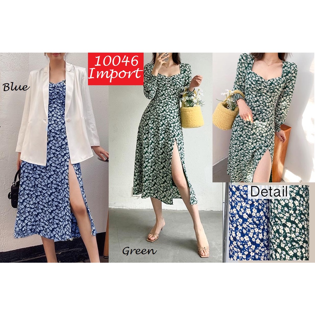 BC10046 B005 - Long Sleeves White Flower Slit Dress (Import) bahan Polyester