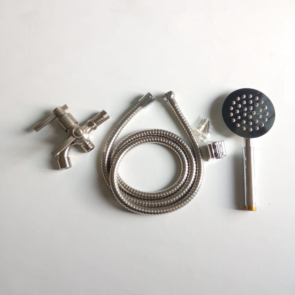 PAKET Hand Shower Kamar Mandi Full Stainless Shower Mandi Komplit Bagus Satu Set Bulat 1/2Inch