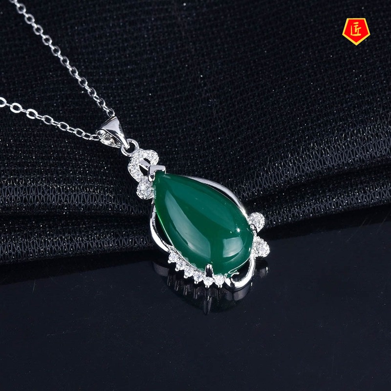 [Ready Stock]Green Chalcedony Bow Pendant Korean Style Simple Elegant