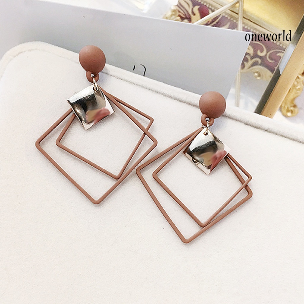 OW@ 1 Pair Ear Studs Piercing Concise Style Alloy Double Square Dangle Earrings for Gift
