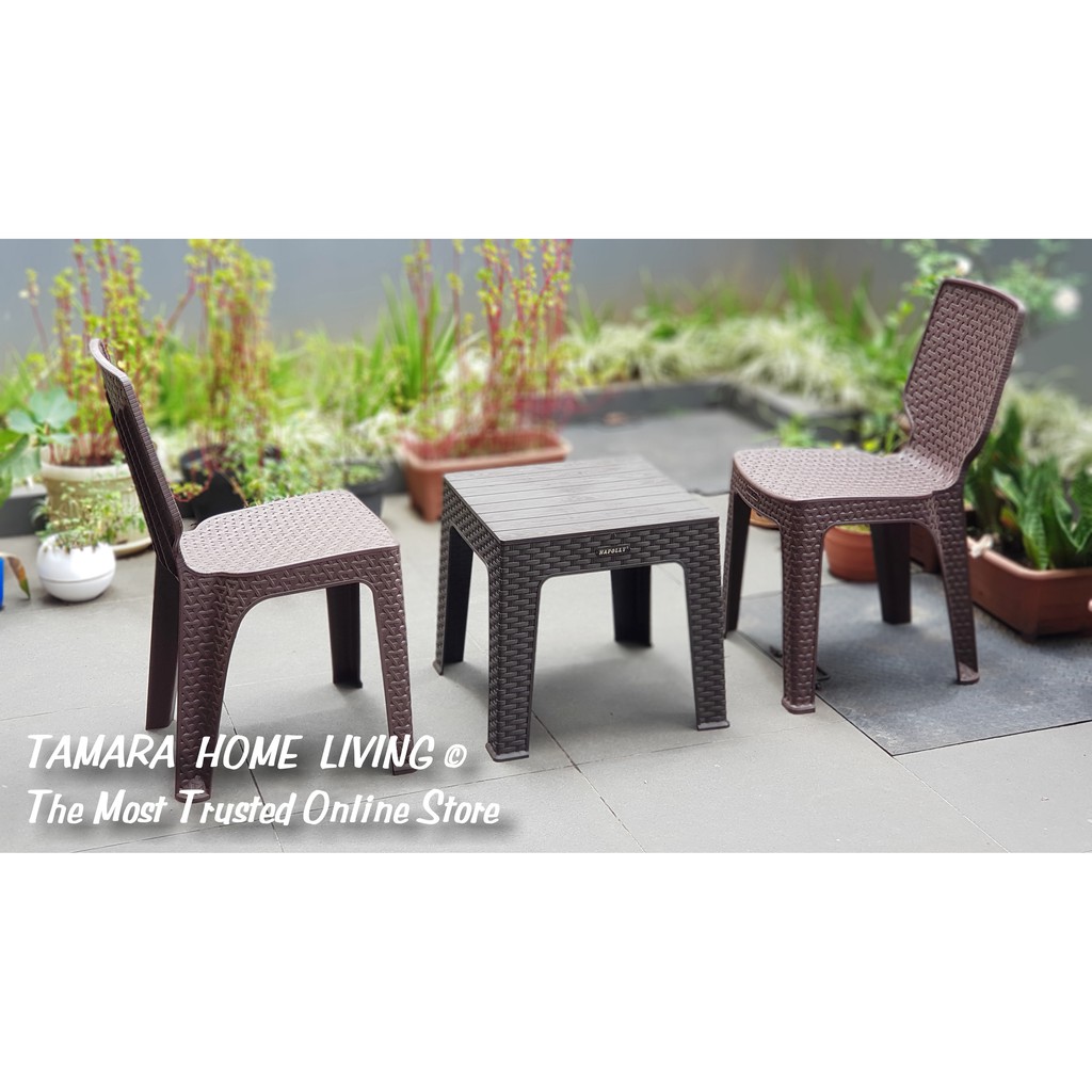 PAKET A1 KURSI PLASTIK MEJA TAMAN MINIMALIS MOTIF ANYAMAN ROTAN JATI - 1 SET [2 KURSI + 1 MEJA]
