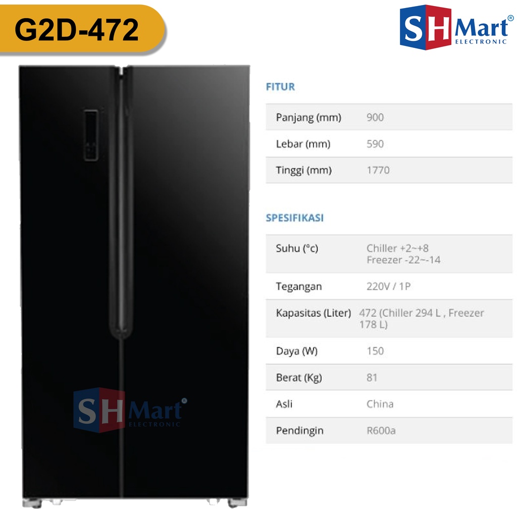 KULKAS SIDE BY SIDE GEA G2D-472 BLACK / G2D-472 INOX GARANSI RESMI  (MEDAN)