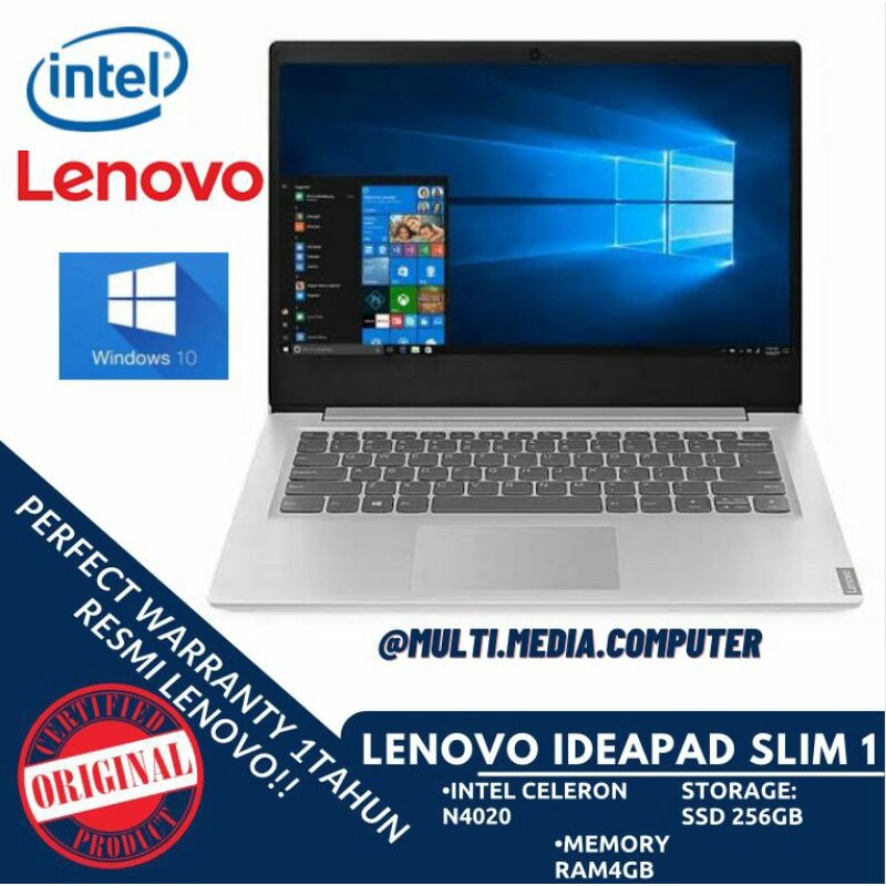 LAPTOP BARU LENOVO IDEAPAD SLIM 1 INTEL CELERON N4020 RAM4GB SSD256GB GARANSI RESMI 1TAHUN LENOVO