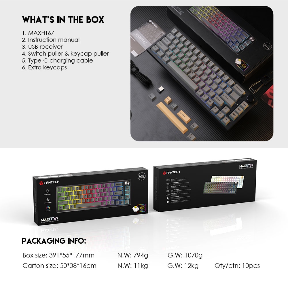 Keyboard Gaming Wireless Mechanical RGB Fantech MAXFIT67 MK858 Hotswapable Wireless RGB Mechanical Gaming Keyboard