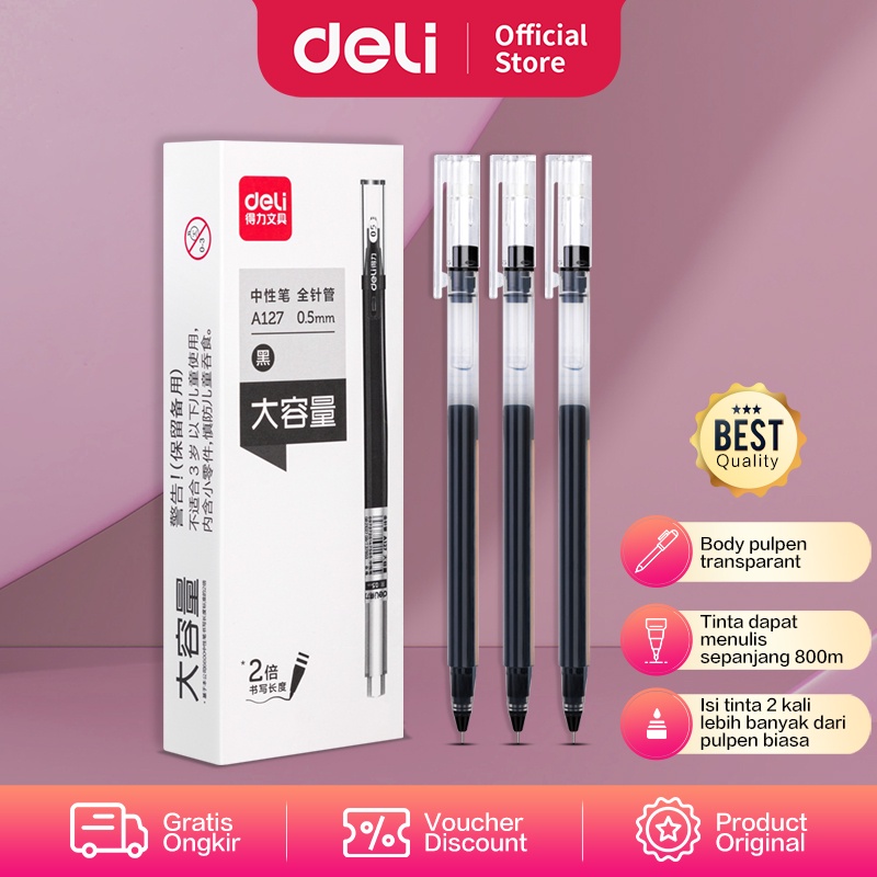 

Deli Gel Pen / Pulpen Gel 0.5mm Tinta Hitam Isi 12 pcs Penulisan Halus Isi Tinta 2 Kali dari Pulpen Biasa A127