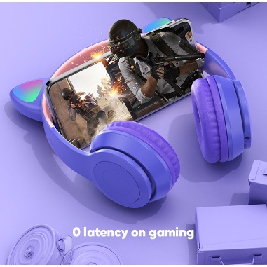 Headphone Gaming Bluetooth Wireless Cat Ear Headphone Kucing LED Wireless Stereo Bass Headphones