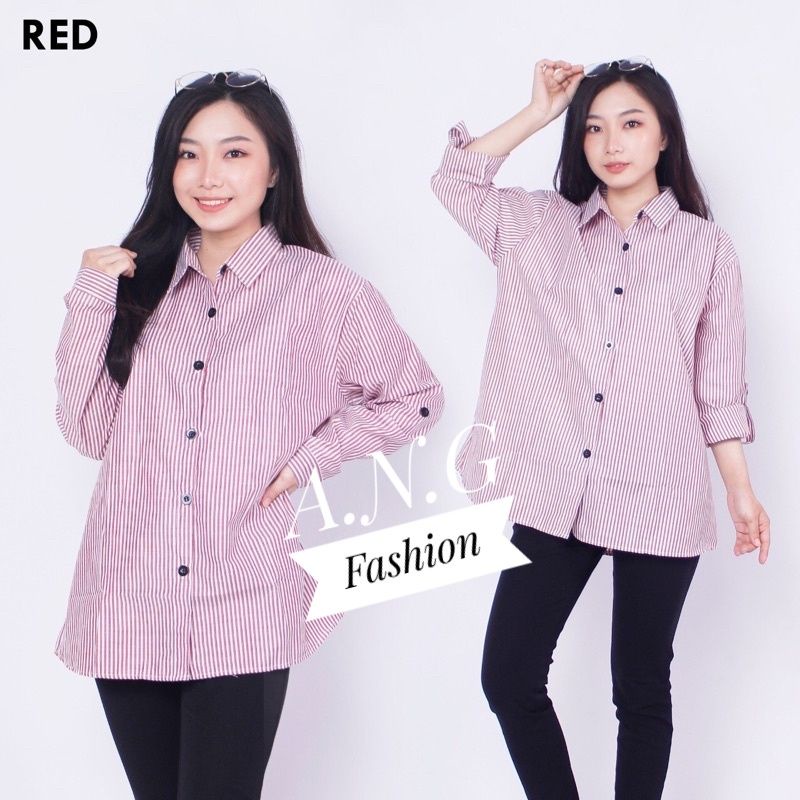 Kemeja Wanita Basic Trendy Lengan Panjang Salur Premium/ Atasan Wanita-3