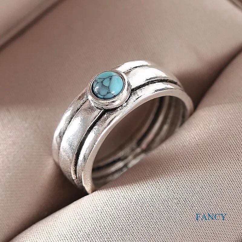 Cincin Wanita Lapis Silver Hias Batu Turquoise Biru Resin Gaya Vintagebohotibetniksimple Untuk Pesta