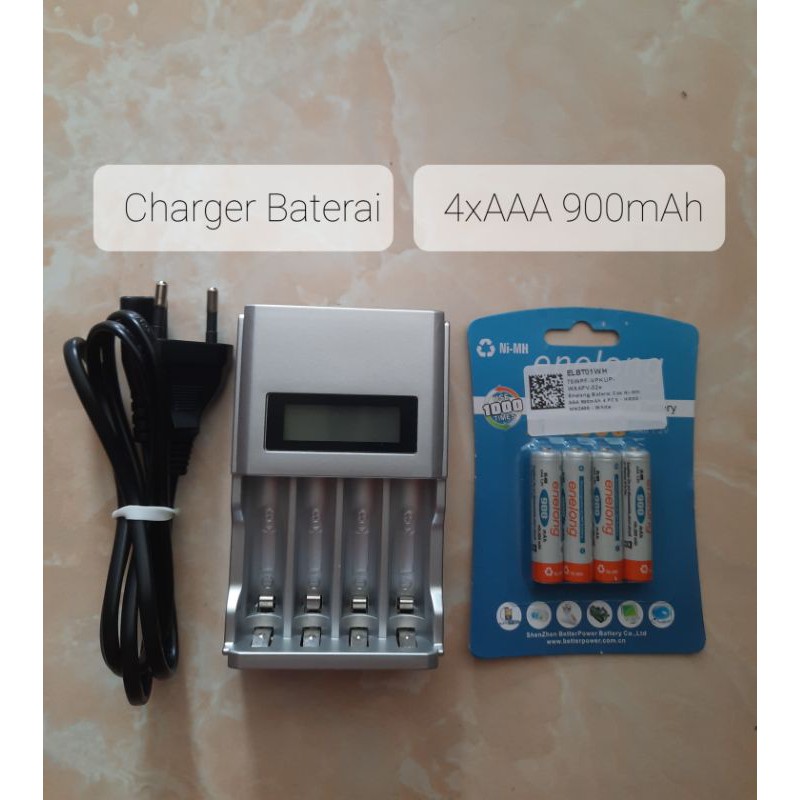 Paket Charger Baterai dan Baterai 4xAAA 900mAh