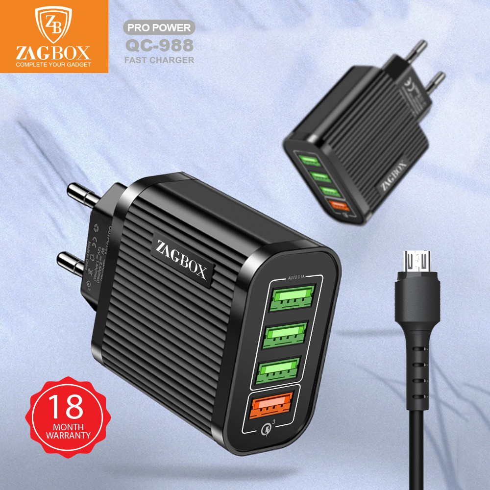 Adaptor Charger ZAGBOX 4 port usb Qualcomm QC Power 3.0+2.4A (QC-988) Adaptor Charger