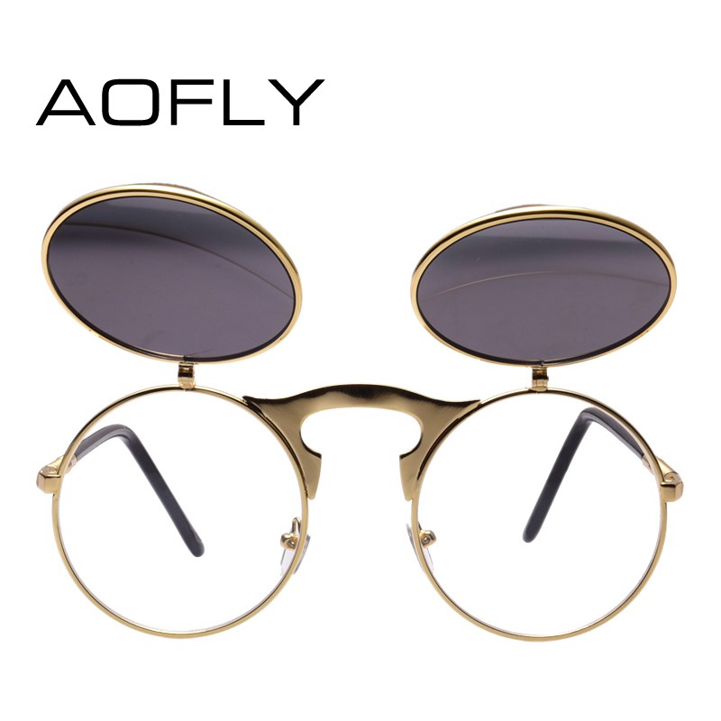 AOFLY Kacamata Hitam Round Vintage Steampunk Sunglasses - Black/Black