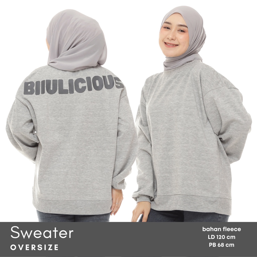 Sweater Crewneck Wanita Oversize Grey Misty Biiulicious Biiu