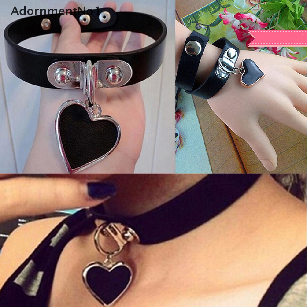 (AdornmentNo1) Favorite Kalung Choker Bahan Kulit Aksen Rivet + Hati Gaya Punk / Gothik Untuk Wanita