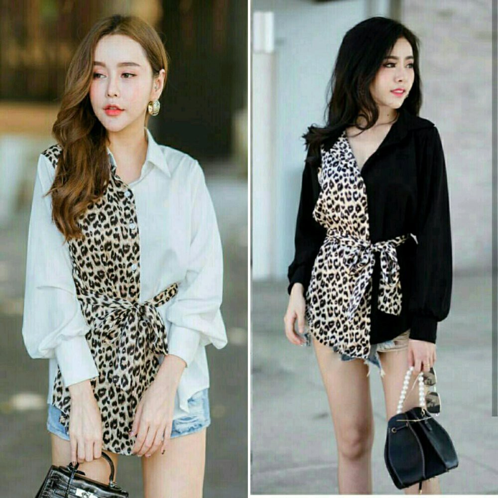 BAJU BLOUSE ATASAN WANITA BLUS LAUREN LEOPARD HITAM PUTIH MACAN DNCG DENEICOLLECTION