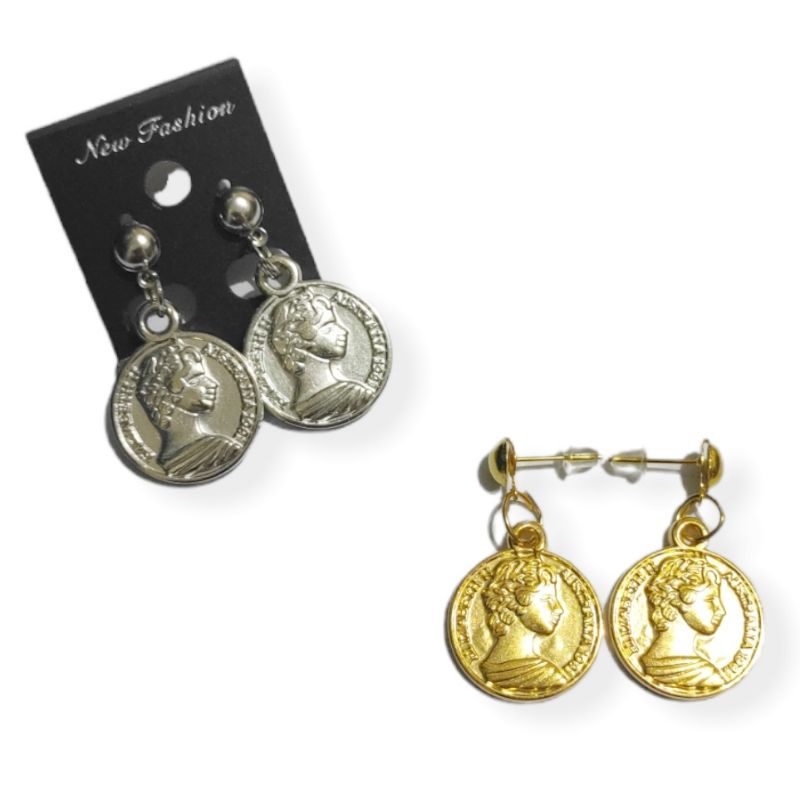 Anting Tusuk Elizabeth Coin Stud Earrings Liontin Koin