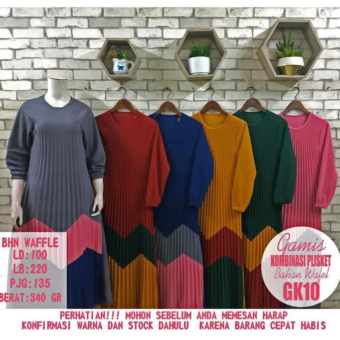 TERMURAH Dress Muslim Gamis Plisket Kombinasi Warna - Maroon