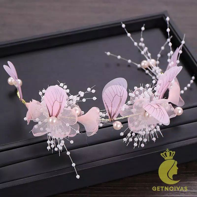 FerenHongXia mahkota + anting&quot; ( 1 set ) sweet flower hair ornaments gold pink