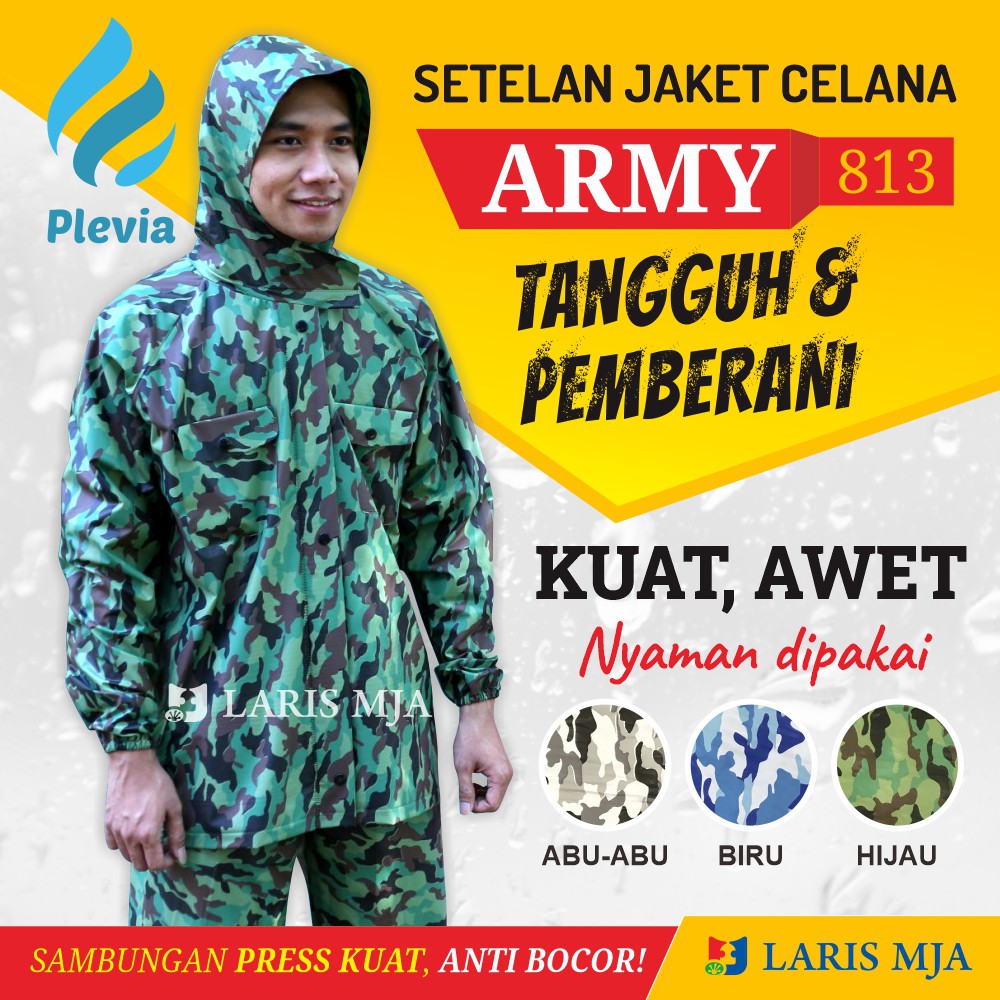 Jas Hujan Pria Plevia Army Original Mantel Ujan Laki-laki Dewasa Tangguh Motif Loreng Tentara TNI