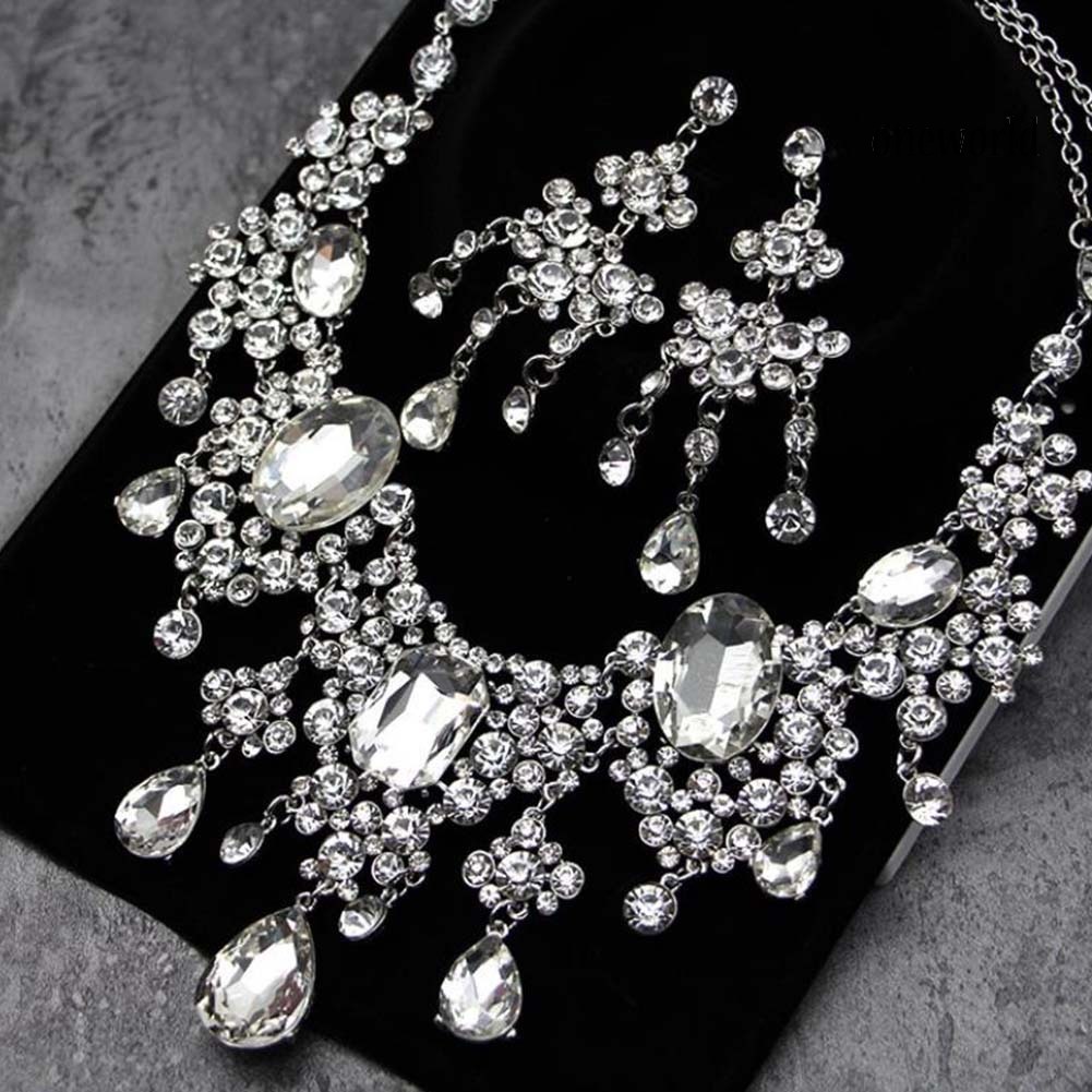 OW@ 2Pcs/Set Shiny Full Rhinestone Tassel Bridal Statement Bib Necklace Earrings