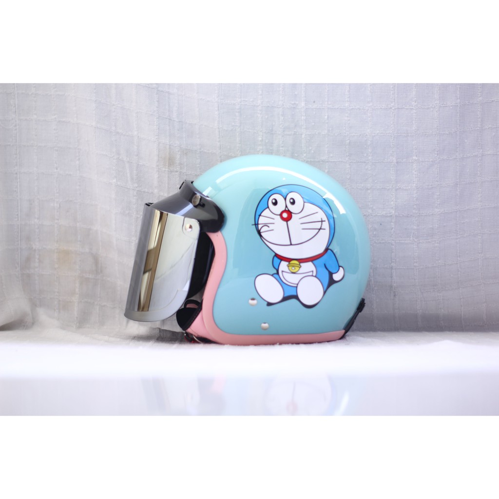 HELM BOGO CAMELIA PASTEL DORAEMON DEWASA KACA DATAR SILVER-green tosca